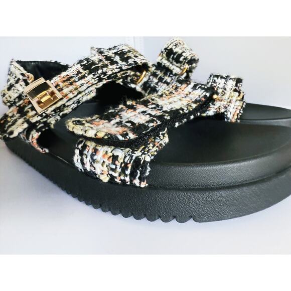A New Day Jonie Jet Black Tweed Sandals Sling Back 6.5 Knit Gold Buckle Fall - Picture 3 of 10